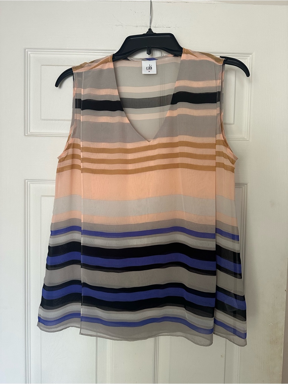 CAbi Striped Sleeveless V-Neck Top in Peach, Blue, Black and Tan